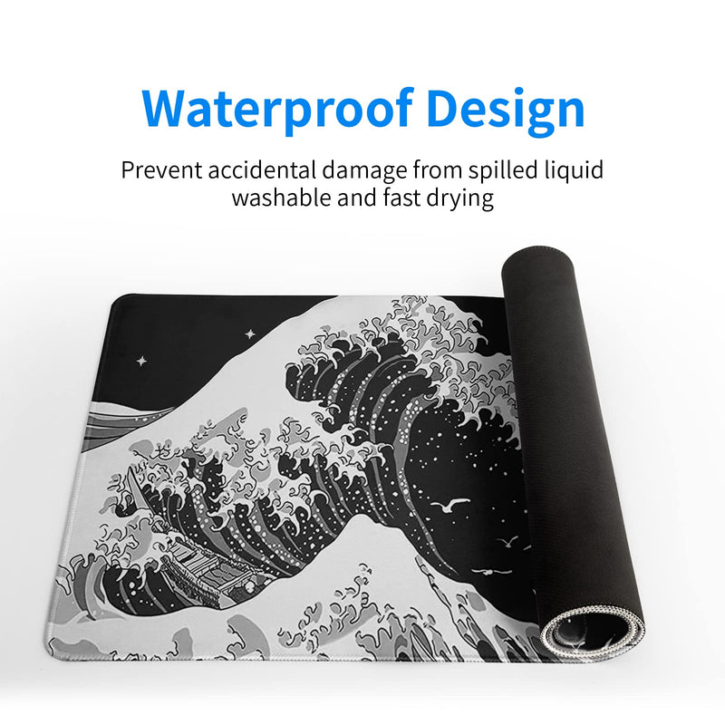 Japanese Black Sea Wave Mouse Pad Abstract Black Gaming Mouse Pad 31.5x11.8 Inch Sea Wave Texture Non-Slip Rubber Base Wave Large Mousepad Stitched Edges Keyboard Mouse Mat Desk Pad for Office Home