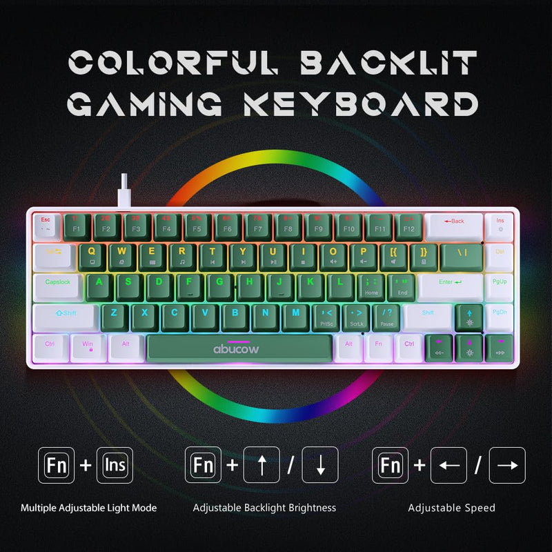 Abucow 68-key mechanical gaming keyboard with colorful backlight and red switch for premium typing and gaming experience on PC and Mac (White-Green)