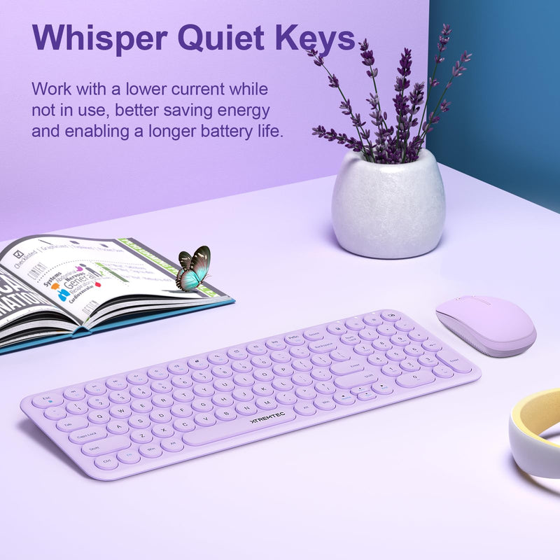 XTREMTEC Wireless Keyboard and Mouse, Compact Size Cute Keyboard Retro Round Keycap - 2.4GHz Ultra-Slim Quiet Aesthetic Keyboard for Laptop iMac Windows Computer (Lavender Purple)