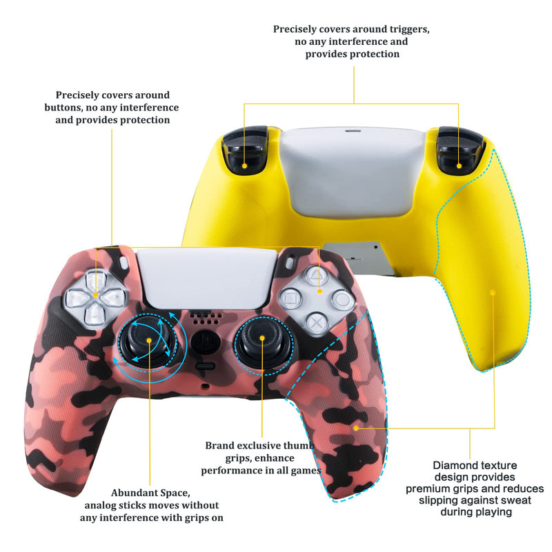 YoRHa Grip Texture Silicone Skin for PS5 Dualsense Controller x 2(Print Coral+Yellow) with Pro Thumb Grips x 8