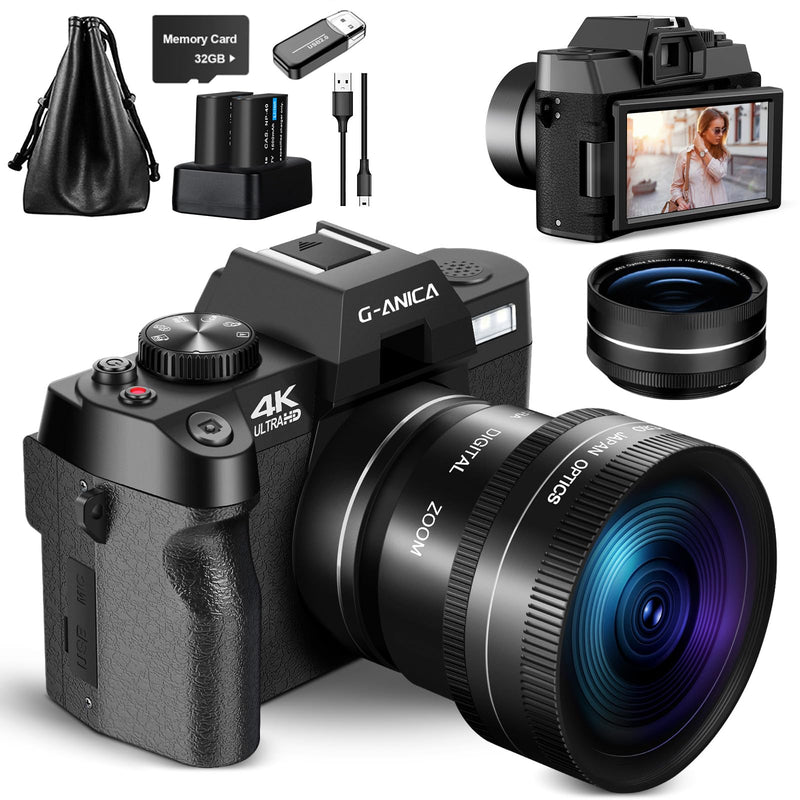 G-Anica 4K Digital Cameras for Photography，48MP/60FPS Video Camera for Vlogging, WiFi & App Control Vlogging Camera for YouTube, Small Camera with 32GB TF Card.Wide-Angle & Macro Lens