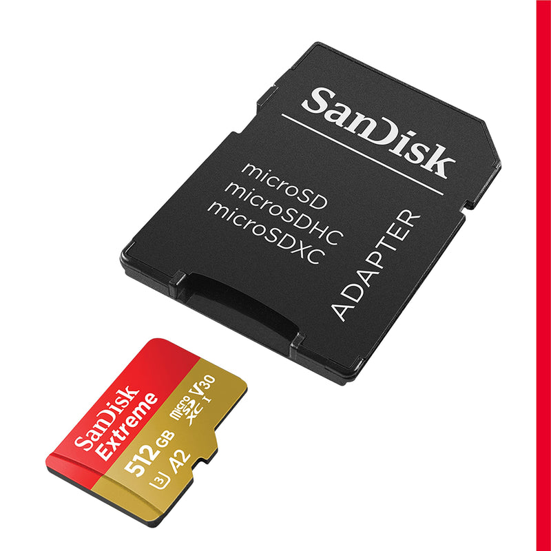 SanDisk 512GB Extreme microSDXC card +SD adapter, microSD card for smartphones, action cameras, drones, V30, up to 190 MB/s, SanDisk QuickFlow Technology, RescuePro Deluxe, UHS-I, 4k, V30, A2, C10, U3