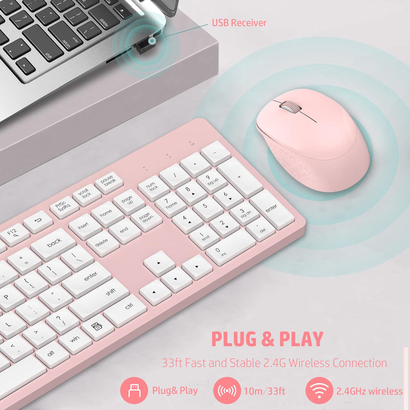 LeadsaiL Wireless Keyboard and Mouse Set, 2.4GHz USB Computer Keyboards and Mouse Combo, Full Size UK QWERTY Layout, Ergonomic Design with 12 Multimedia Shortcuts for HP/Lenovo Laptop and Mac-Pink