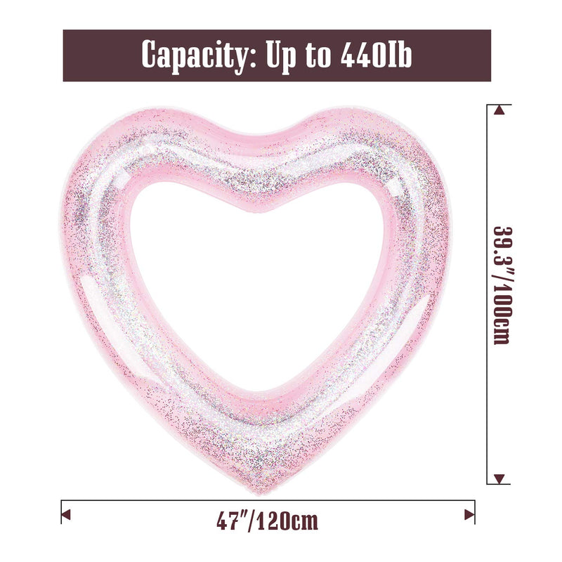 MoKo Glitter Swim Rings, Inflatable Pool Float Tube Summer Swimming Pool Float Ring Heart Shaped Swimming Tube Water Fun Beach Pool Toys for Summer Party for Kids Adults - Glitter Pink