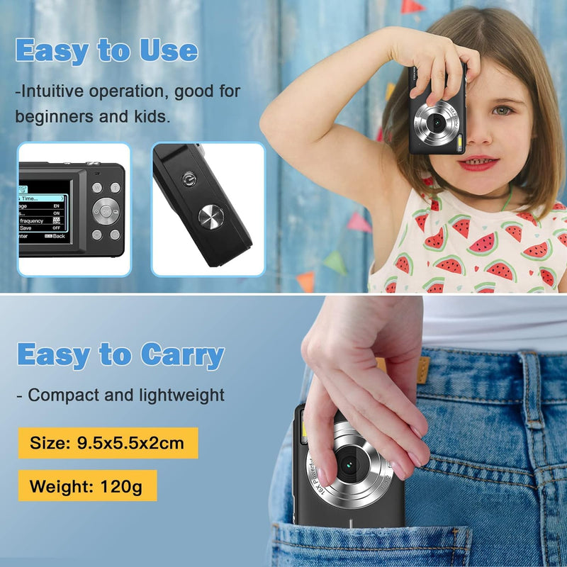 Digital Camera 1080P FHD Compact Camera 44MP Camera 16X Digital Zoom Simple Vlogging Camera Portable Digital Camera for Kids Teen Students Seniors Beginner (Black)