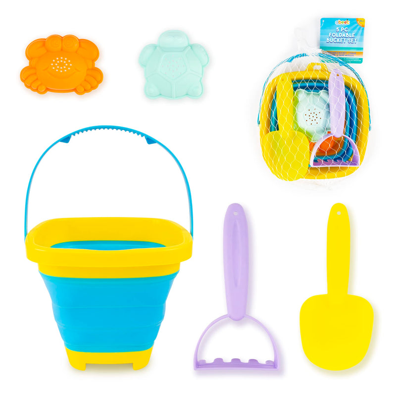 abeec 5 Piece Foldable Beach Bucket Set With A Collapsible Beach Bucket & Sand Pit Toys Included - Beach Toys - Outdoor Toys - Water Toys - Sand Toys