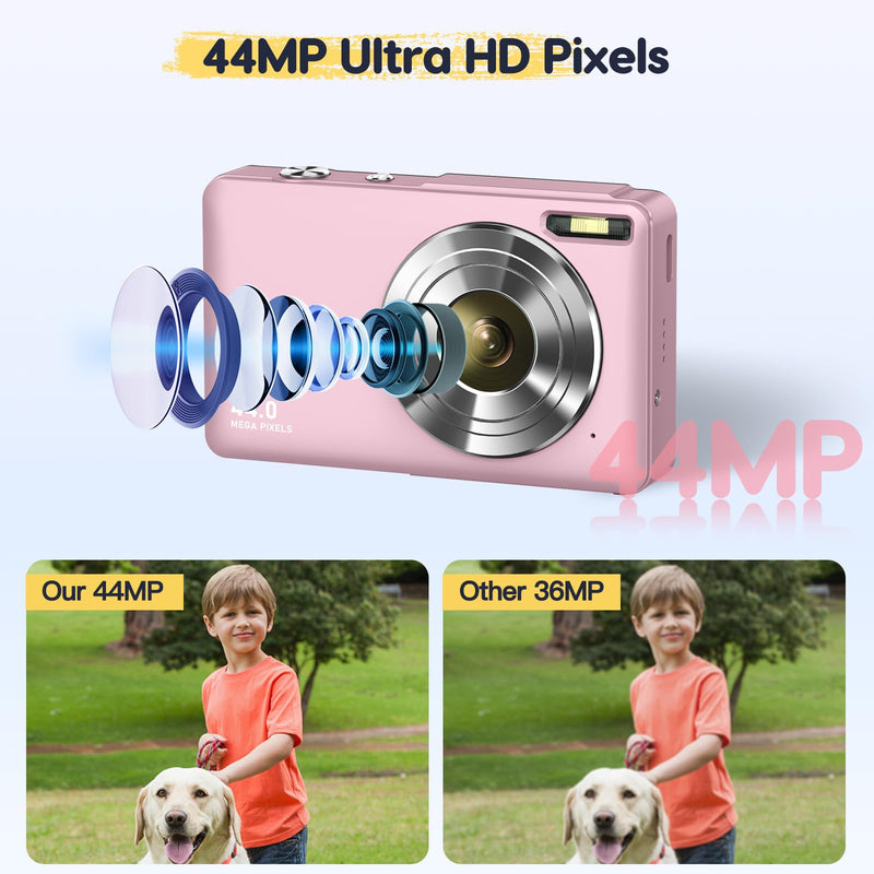 Digital Camera 1080P FHD Compact Camera 44MP Camera 16X Digital Zoom Simple Vlogging Camera Portable Digital Camera for Teen Students Seniors Beginner (Pink)