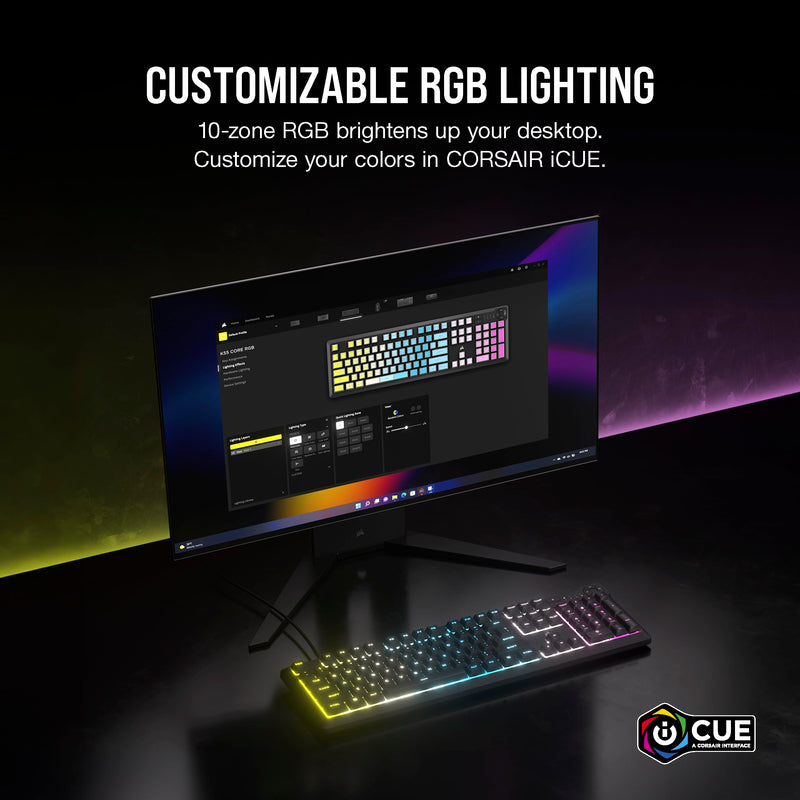 Corsair K55 CORE RGB Membrane Wired Gaming Keyboard – Quiet, Responsive Switches – Spill Resistance – Ten-Zone RGB – Media Keys – iCUE Compatible – QWERTY UK – PC, Mac – Black