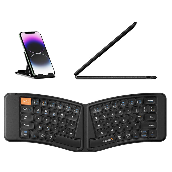 ProtoArc XK03 Ergonomic Keyboard Bluetooth Foldable Keyboard | Ultra Slim Quiet Portable Travel Keyboard | PU Leather Split Keyboard for Windows/Android/iOS, QWERTY UK Layout - Black