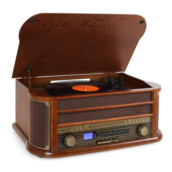 Auna Vinyl Record Player, Vinyl Records Turntable Record Players for Vinyl with Speakers, Home Audio Record Players, Wood Retro Vintage 3-Speed Turntable, Speakers Stereo w/CD Turntable and USB Port