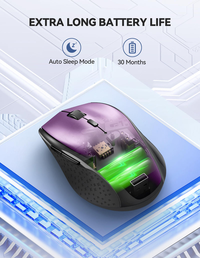 TechRise Wireless Mouse, Computer Mouse for Laptop, Silent Mouse with Nano Receiver, 30 Months Battery Life, Ergonomic Optical Mouse for PC, Tablet, Laptop with Windows System (Purple)