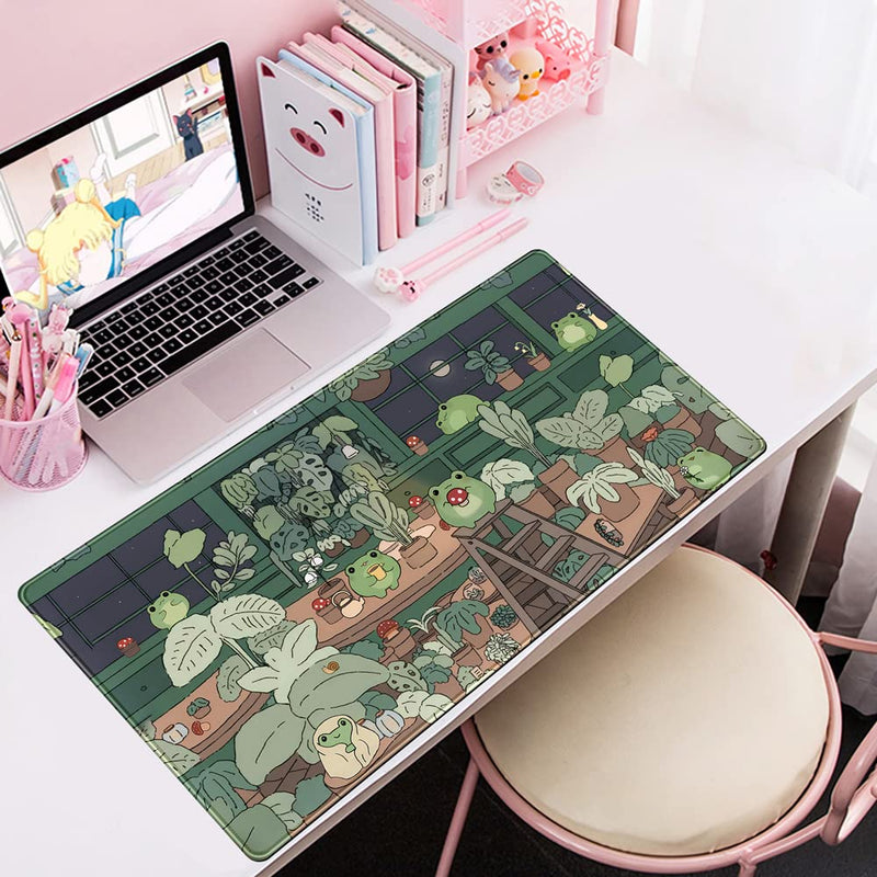 Mechanical Cattle Cute Frog Mouse Pad Desk Kawaii Green Decor Mat, Large Gaming for Computer Keyboard Laptop, Home Office Accessories Girl (31.5x15.7 in)-with Stitched Eges