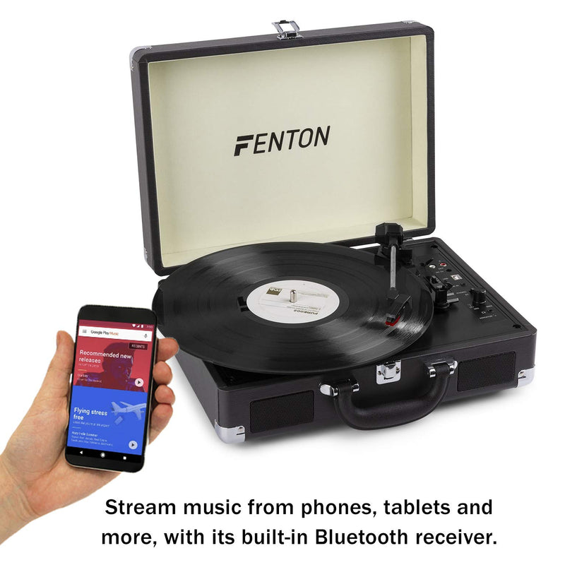 FENTON Portable Bluetooth Suitcase LP Record Player with Built in Speakers -BLACK Briefcase Turntable - Convert vinyl to MP3-3 Speed