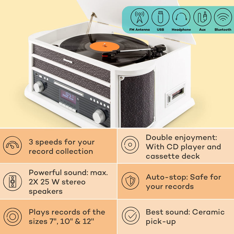 Auna Vinyl Record Player, Vinyl Records Turntable Record Players for Vinyl with Speakers, Home Audio Record Players, Retro 3-Speed CD Bluetooth Turntable, DAB Radio Speakers Stereo w/Turntable & USB