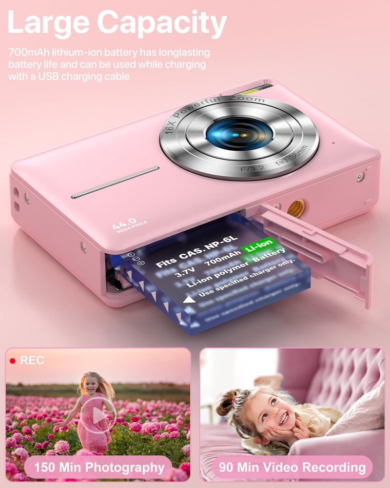 Digital Camera with 32G Card, 1080P Digital Camera Cheap 44MP HD Compact Digital Camera Photo Camera Kids Camera with 2.4" Screen 16X Digital Zoom and 1 Battery for Girls, Boys, Beginner-Pink