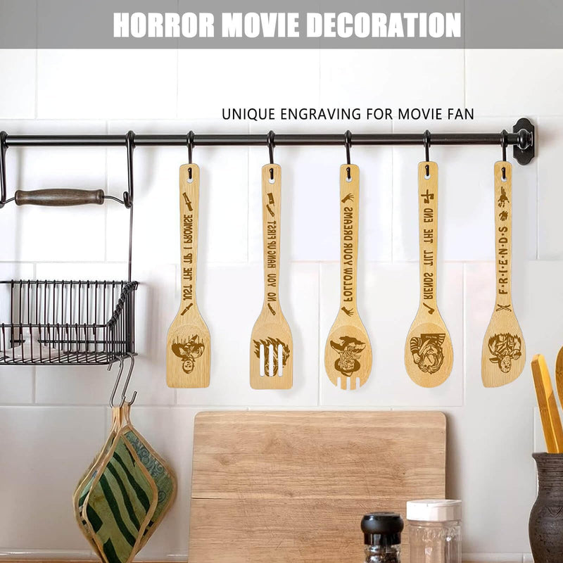 Horror Movie Gifts Merchandise Wooden Spoons for Cooking, Bamboo Kitchen Utensils Set 5 Pack for Movie Fans Gifts Women Mom Kitchens Accessories Holiday Decor Horror Party Halloween Decorations