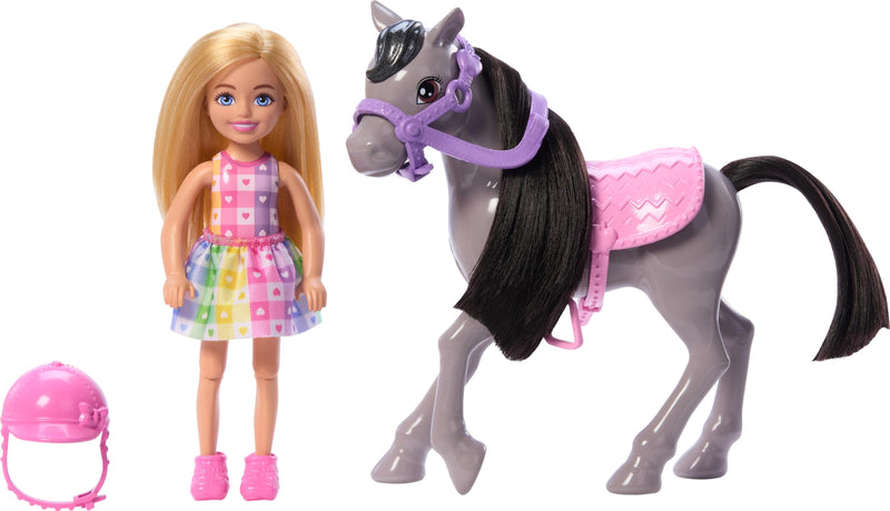 Barbie Chelsea Doll & Horse Toy Set, Includes Helmet Accessory & Saddle, Doll Bends at Knees to “Ride” Gray Pony, HTK29