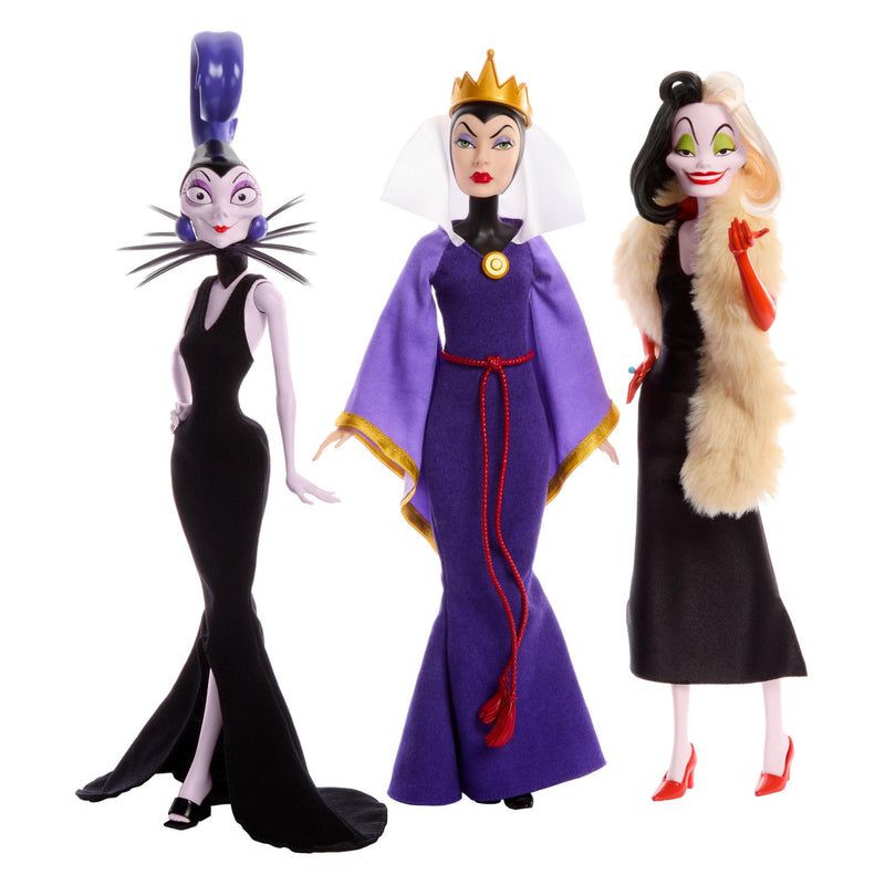 Mattel Disney Villains Evil Queen, Cruella De Vil and Yzma Fashion Dolls, Inspired by Disney Movies, Gifts for Kids and Collectors, HRF56