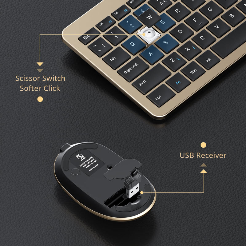 Wireless Rechargeable Keyboard and Mouse Set, Seenda Full Size Thin Wireless Keyboard and Mouse with Numeric Keypad, Computer keyboard mouse combos for Laptop/PC/Windows, Black and Gold