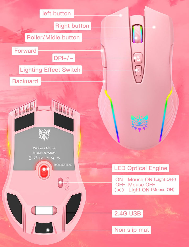 ONITOON Wireless Gaming Mouse Pink, RGB Rechargeable Computer Mice with 5 Adjustable DPI Up to 3600, 2.4G Portable Office Cordless Mice Compatible with Windows, Mac for girls woman