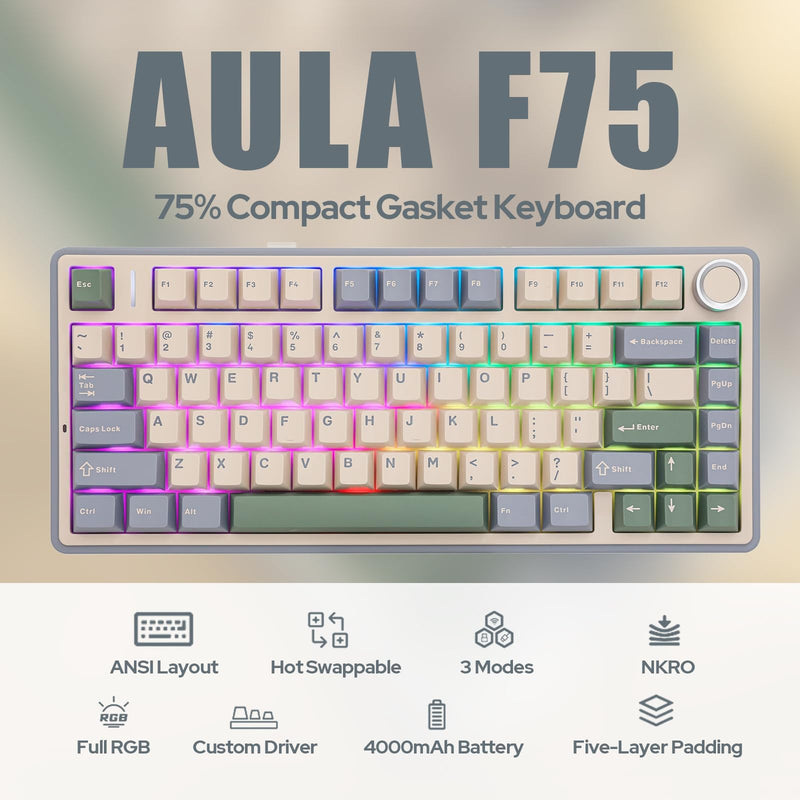 EPOMAKER x AULA F75 Gasket Mechanical Keyboard, 75% Wireless Gaming Keyboard with Five-Layer Padding&Knob, Bluetooth/2.4GHz/USB-C Hot Swappable Keyboard, NKRO, RGB (Green, Graywood V3 Switch)