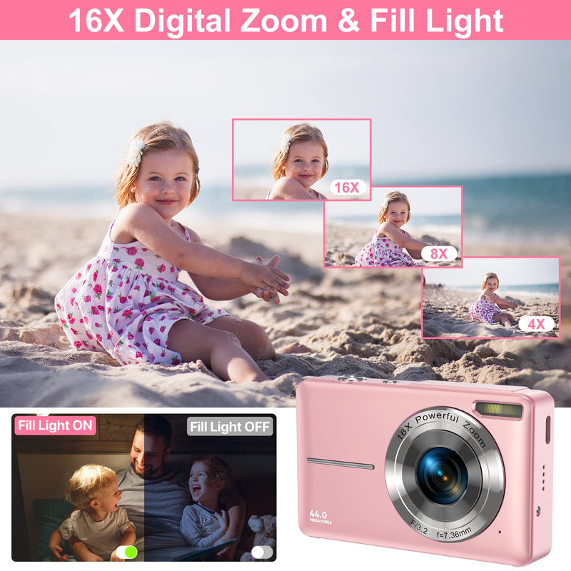Digital Camera 1080P Kids Camera 44MP HD Compact Digital Camera Photo Camera Digital Camera Cheap with 2.4" Screen 16X Digital Zoom and 1 Battery for Girls, Boys, Beginner-Pink (No Card)