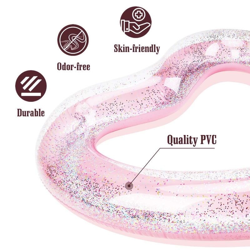 MoKo Glitter Swim Rings, Inflatable Pool Float Tube Summer Swimming Pool Float Ring Heart Shaped Swimming Tube Water Fun Beach Pool Toys for Summer Party for Kids Adults - Glitter Pink