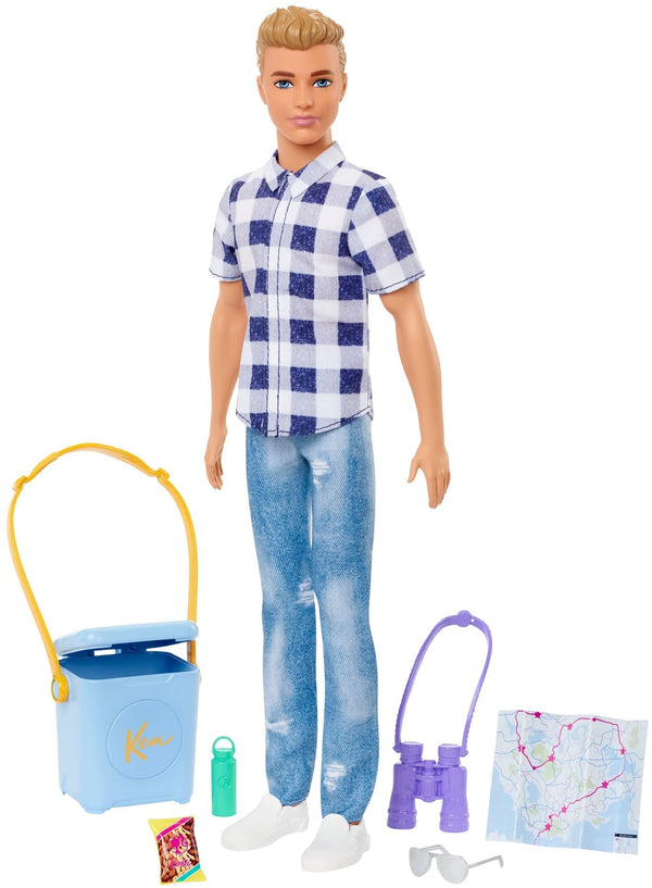 Barbie It Takes Two Ken Camping Doll Wearing Plaid Shirt, Jeans and White Sneakers, with Camping Accessories, Toy for 3 Year Olds & Up, HHR66