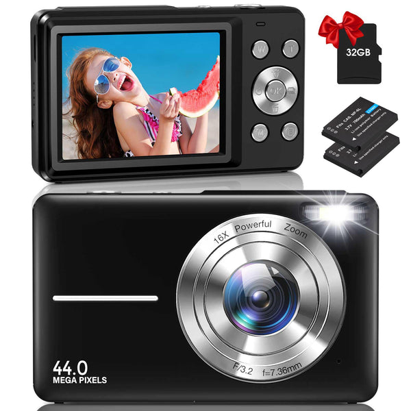 Digital Camera, Vlogging Camera Rechargeable Digital Cameras with 32G Memory Card FHD 1080P 44MP Compact Camera with 16X Digital Zoom, Portable Mini Camera with 2 Battery for Teens,Kids