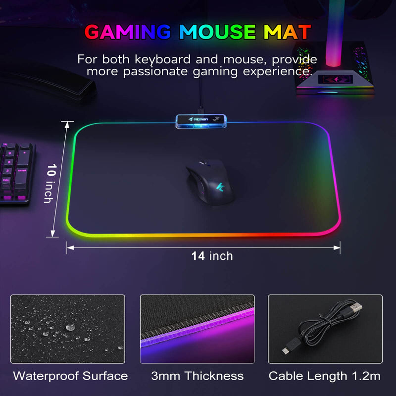 RGB Gaming Mouse Mat Pad - 336x245x3mm Hcman Led Mousepad with Non-Slip Rubber Base, Soft Computer Keyboard Mouse Pad for Macbook, PC, Laptop, Desk (Black)