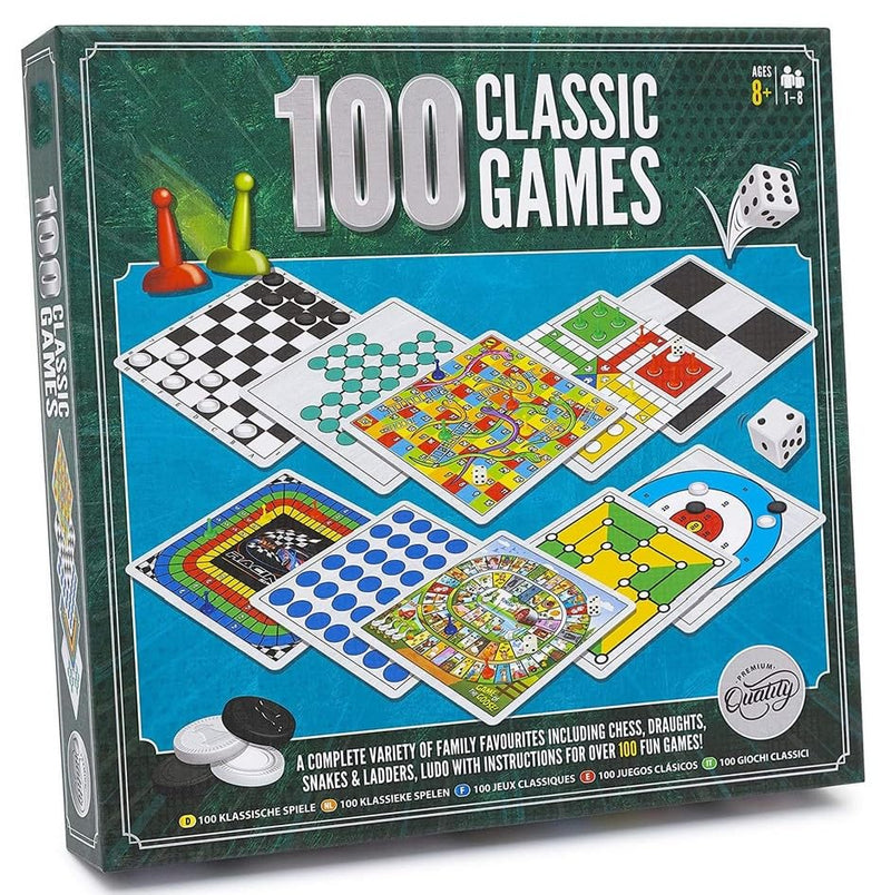 100 Classic Games Compendium | A Collection of Classic Family Board Games - Includes Chess, Draughts, Ludo, Snakes & Ladders, Solitaire Gift Idee®