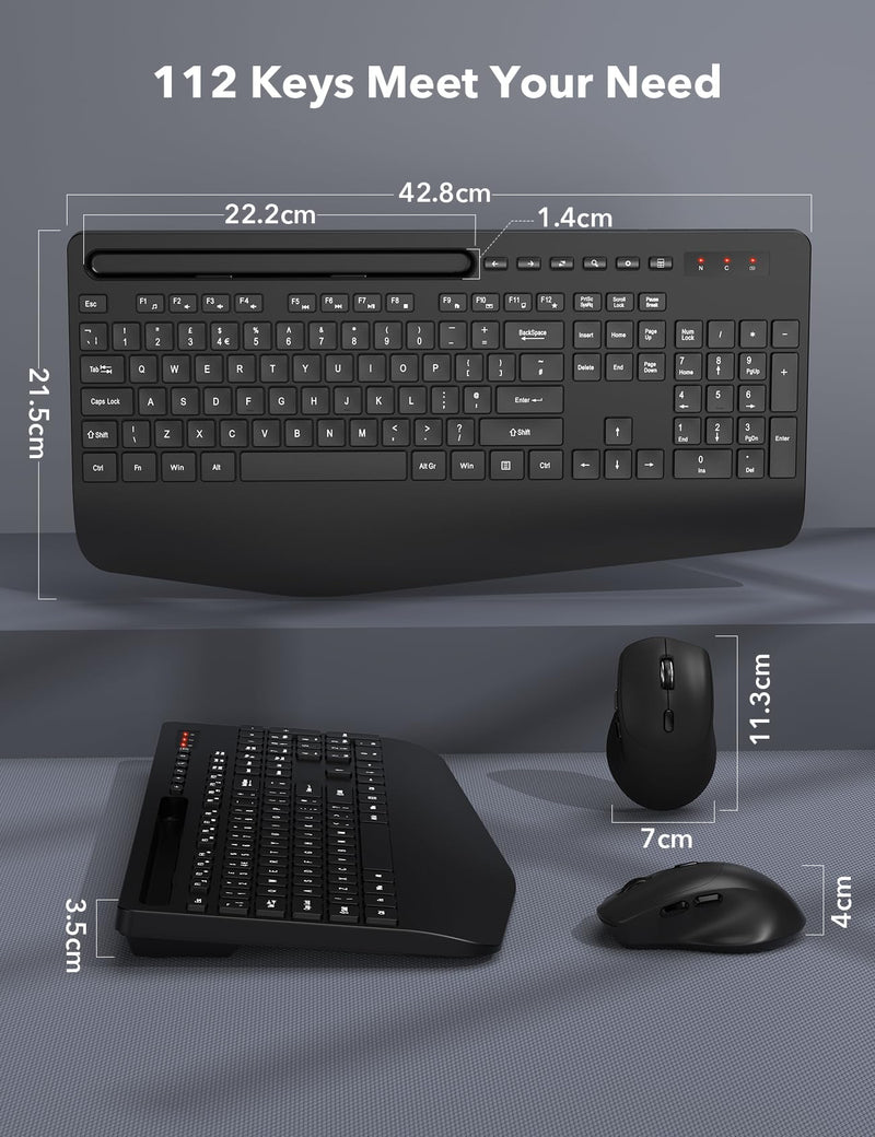 Wireless Keyboard and Mouse Combo, Full-Size Ergonomic Keyboard with Wrist Rest, Phone Holder, Sleep Mode, Silent 2.4GHz Cordless Keyboard Mouse Set for Computer, Laptop, PC, Mac, Windows -SABLUTE