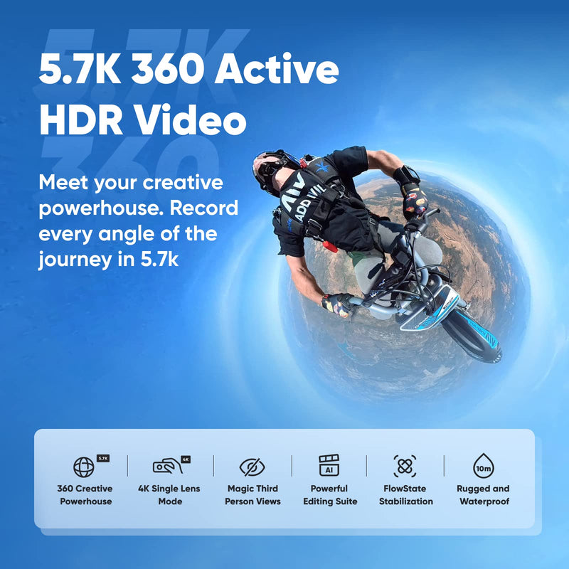 Insta360 X3 Motorcycle Bundle - Waterproof 360 Action Camera with 1/2" 48MP Sensors, 5.7K 360 Active HDR Video, 72MP 360 Photo, 4K Single-Lens, 60fps Me Mode, Stabilization, AI Editing