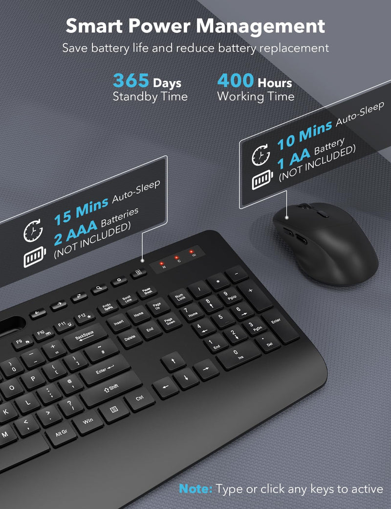 Wireless Keyboard and Mouse Combo, Full-Size Ergonomic Keyboard with Wrist Rest, Phone Holder, Sleep Mode, Silent 2.4GHz Cordless Keyboard Mouse Set for Computer, Laptop, PC, Mac, Windows -SABLUTE