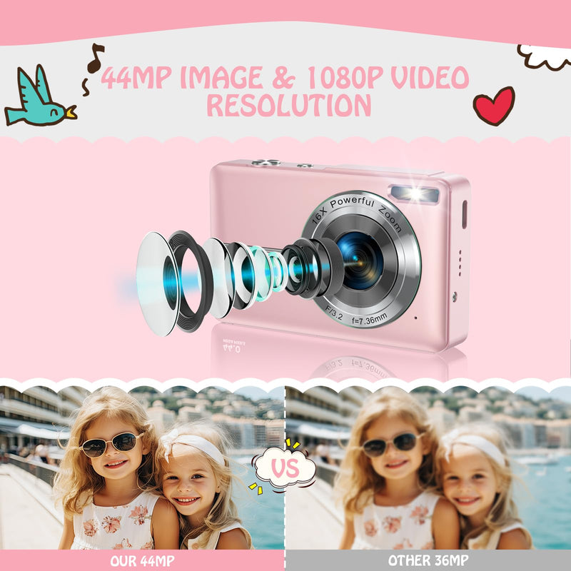 Digital Camera, FHD 1080P 44MP Digital Cameras Compact, 2.4"" LCD Rechargeable Digital Cameras, Vlogging Camera with 16X Digital Zoom for Kids, Adult, Teenagers, Girls, Boys（Pink）
