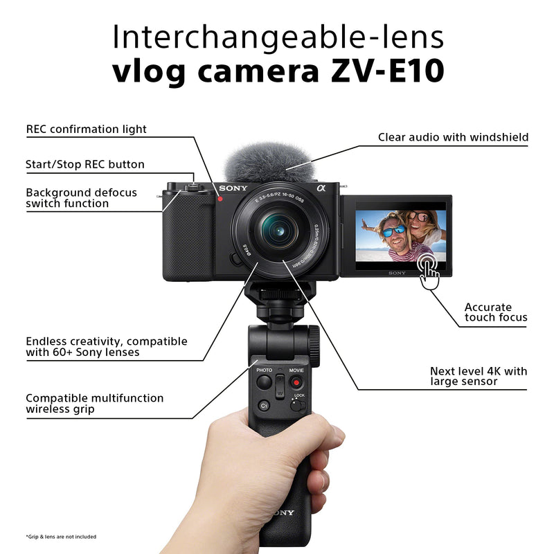 Sony Alpha ZV-E10 APS-C Mirrorless Interchangeable Lens Vlog Camera (Pivoting Screen for Vlogging, 4K Video, Real-Time Eye Auto Focus) Black