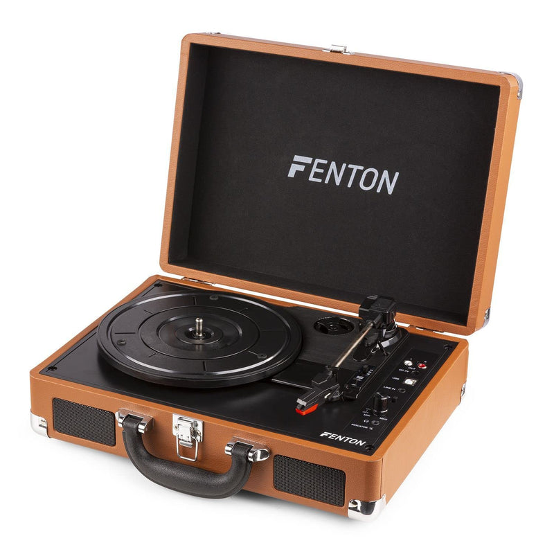 FENTON Portable Bluetooth Suitcase LP Record Player with Built in Speakers - BROWN Briefcase Turntable - Convert vinyl to MP3-3 Speed