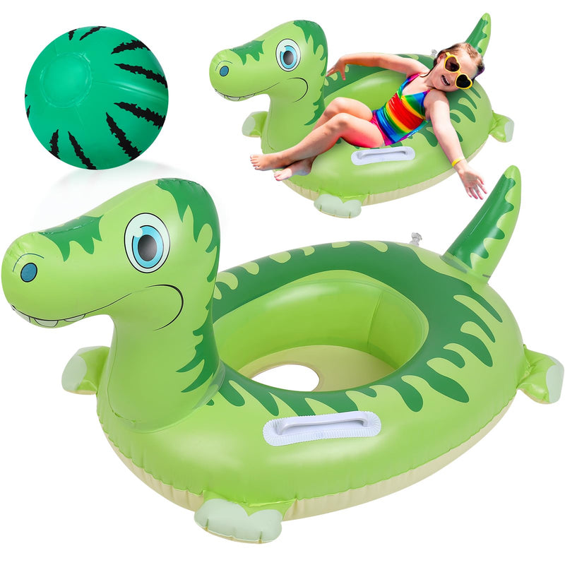 2Pack Pool Inflatables for Kids, Dinosaur Inflatable Swimming Ring Pool Floats with 12 Inch Beach Ball, Durable Rubber Ring Swim Ring Pool Toys for Summer Beach Pool Water Party