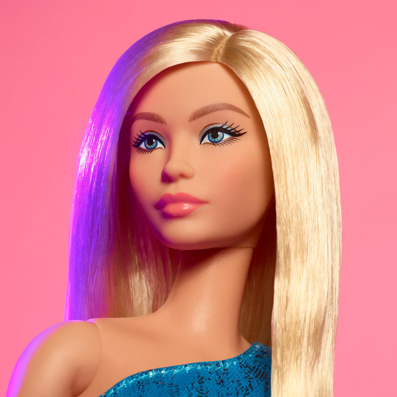 Barbie Looks Doll, Collectible No. 23 with Ash Blonde Hair and Modern Y2K Fashion, Metallic Blue One-Shoulder Dress with Strappy Heels, HRM15