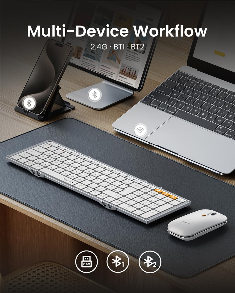 ProtoArc XKM01 Foldable Bluetooth Keyboard and Mouse, Folding Keyboard Mouse Combo for Travel, 2.4G+Dual Bluetooth, Full-Size Rechargeable Portable Keyboard, QWERTY UK Layout - Silver White