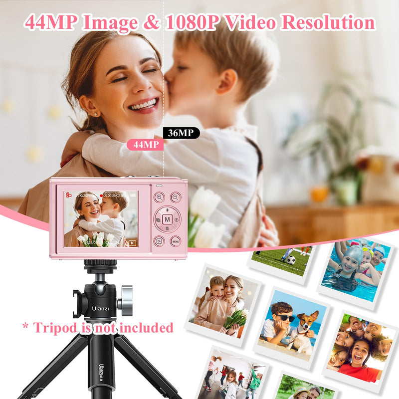 SOPPY Digital Camera, FHD 1080P 44MP Compact Camera,Vlogging Camera with 32G SD Card, 2.4" LCD Screen Rechargeable Camera with 16X Digital Zoom, Mini Camera for Boys Girls Kids Beginners, Pink