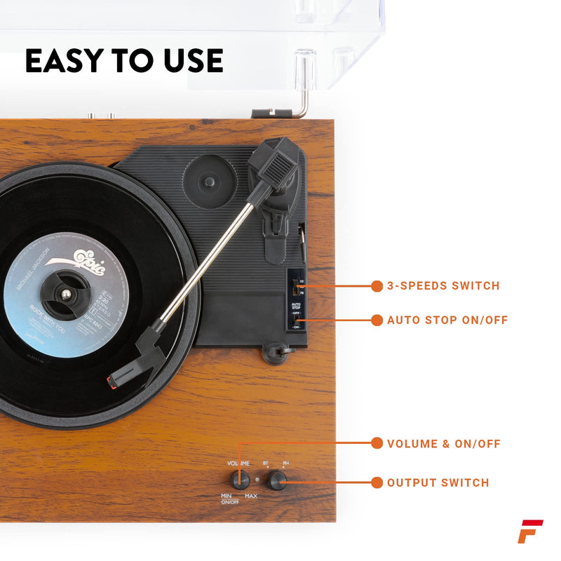 Fenton Bluetooth Record Player Turntable with Built-In Speakers, Hifi System with 3 Speed LP, Ceramic Stereo Cartridge with Stylus, Auto Stop, Plays 7", 10" and 12" Vinyl - RP165 Wood Finish