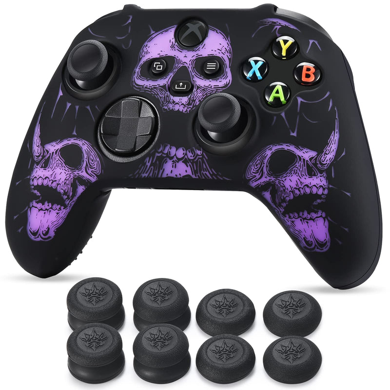 YoRHa Laser Carving Silicone Skin for Xbox Series X/S Controller x 1(Purpe) with Pro Thumb Grips x 8