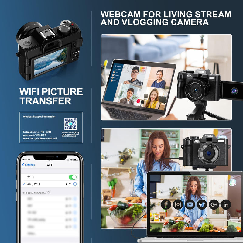 NBD S100 Digital Cameras for Photography, 48MP 4K Vlogging Camera with 180° Flip Screen,WiFi, 60FPS Autofocus Travel Camera,Compact Camera 32GB TF&2 Batteries Included,Beginner-Friendly (Black)