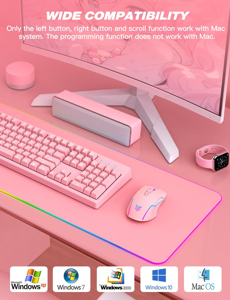 ONITOON Wireless Gaming Mouse Pink, RGB Rechargeable Computer Mice with 5 Adjustable DPI Up to 3600, 2.4G Portable Office Cordless Mice Compatible with Windows, Mac for girls woman