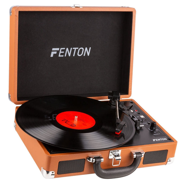 FENTON Portable Bluetooth Suitcase LP Record Player with Built in Speakers - BROWN Briefcase Turntable - Convert vinyl to MP3-3 Speed
