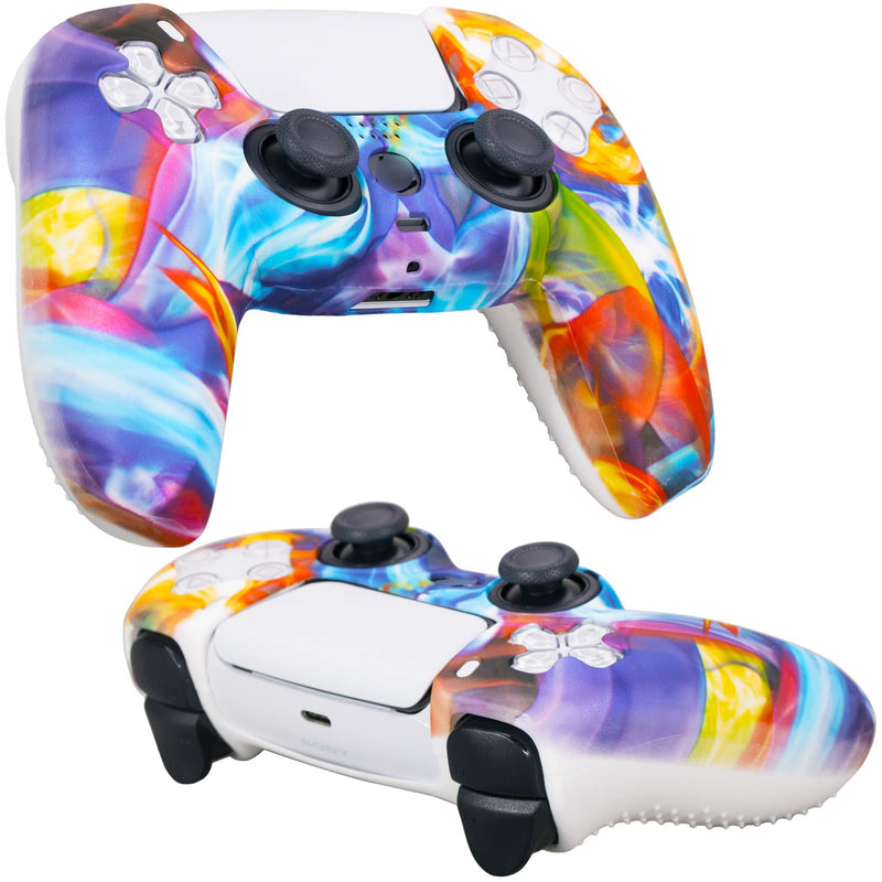 YoRHa Water Transfer Printing Silicone Thickened Cover Skin Case for PS5 Dualsense Controller x 1(Colorful stream) with Thumb Grips x 10