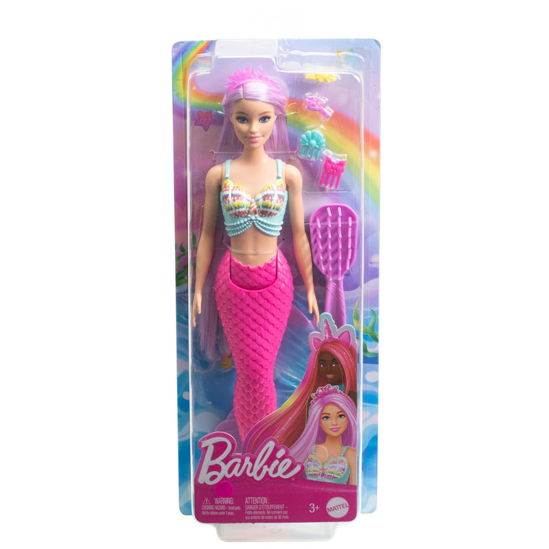 Barbie Mermaid Doll with 7-Inch-Long Pink Fantasy Hair and Colorful Accessories for Styling Play like Headband and Barrettes, HRR00