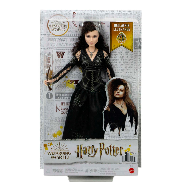 Mattel Harry Potter Collectible Bellatrix Lestrange Doll (10-inch, Curly Hair) Wearing Signature Black Dress and Necklace, with Wand, Gift for 6 Year Olds and Up, HFJ70