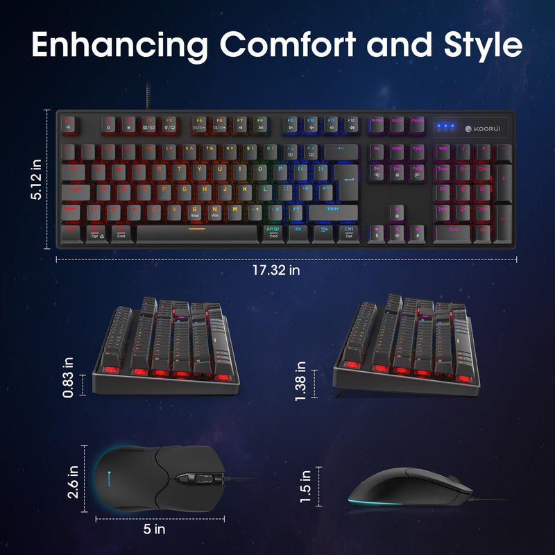 KOORUI Wired Gaming Keyboard and Mouse Combo, Full-Sized 104 Keys Machanical Computer Keyboard with Ergonomic Design and Optical Wired Mouse for Windows Laptop PC/Mac OS/Xbox-Blue Switch